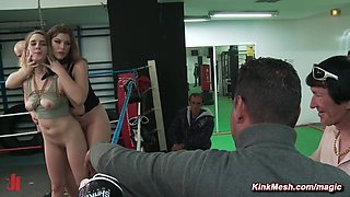 Dominatrix makes babe pound in public boxing gym