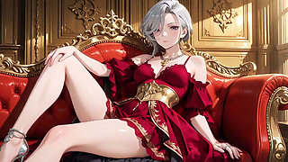 Thighs Spread Wide in Silk Stockings, Fingertips Teasing Private Parts. Who Can Handle This Royal Contrast?