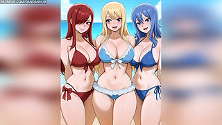 Lucy Erza and Juvia Bikini to Nude Bounce - Fairy Tail
