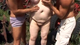 Big boobs fat milf threesome pussy fucking on the farm