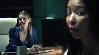 Office interracial lesbian threesome after work with slutty blonde and skinny Asians