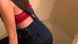 Busty curly brunette with big boobs fucks on couch