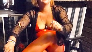 Voluptuous milf, sex toys in public, red lingerie