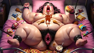 Obese BBW in Bondage Surrounded by Food - Begging for Huge Dick Inside Her