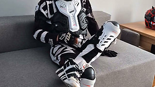 Motorcyclist in Gear Cum Hot on Himself
