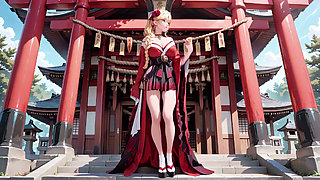 Red & Black Miko! Forbidden Shrine Prayer, High-Slit Hakama Exposure, Golden Goddess's Wet Gaze!