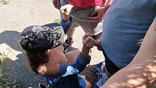 In the Parking Lot, Two Strangers Masturbate and Cum on Their Tits, Handjob