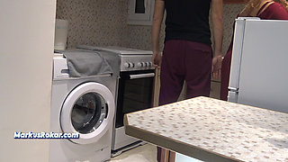 Stepmom in Kitchen Said No Sex! - Allows Stepson Only Jerking off & Cumshot on Her Fat Ass