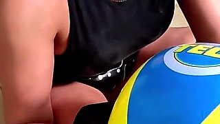 Inflatable Humiliation in Leather. Beach Ball Popping, Deepthroat, Doggy and Cum Play