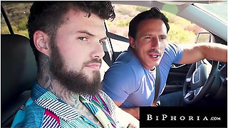 Sexy Hitchhiker Spitroasted By Bi Hunk Couple