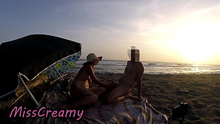 French Teacher Extreme Public Blowjob on Nudist Beach with Voyeurs and Cumshot