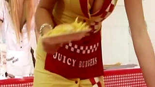 Funny Food Scene 2: Couple of Blonde Waitresses Fucking in Lingerie in a Foursome Covered in Cream