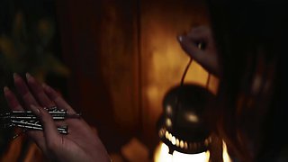 Hot blonde girl enters a forgotten mansion and gets coerced into a lesbian sex with a vampire girl
