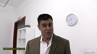 Skinny newcomer Kim takes her first dinosaur cock!