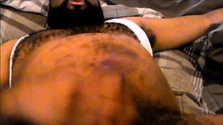 Hairy Black Man Jerks Off, Showing Off His Chest and Belly