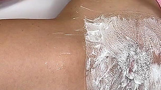 Shaving a Very Hairy Pussy with a Trimmer and a Razor! Model with Natural Tits!