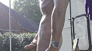 Skinny boy piss n sperm same time. Sperm and piss flows from big dick outdoor