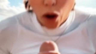 Brunette rooftop blowjob, city pussy ride, bedroom footjob