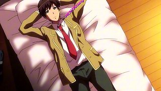 Innocent anime lady lets her lover in for the first time