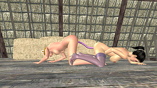 3D Animated Lesbian Heat: Busty MILF Pussy-rubs & Double-dildo Anal Pounds Petite Teen