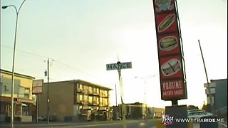 Brunette with Tattoos Gives Blowjob in Car Backseat