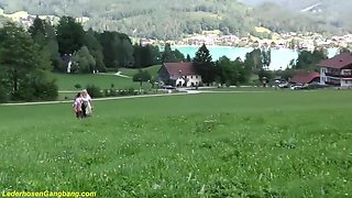 German Lederhosen Outdoor Orgy - Marina Montana Gangbang Blowjob & Dildo Fuck