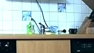 Kitchen Anal Dildo Stretch with Self-sucking Sloppy Tits