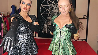 Jerking off a Real Dick in Latex Gloves From Two Dominas