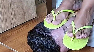 Mistress Kiffa - Face Footstool Slave Cleans Dirty Flip Flops and Cums on Flip Flops and Has to Lick It