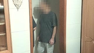 Alone with His Friend - Hallway Blowjob and Standing Fuck Until He Cums in Her Mouth