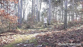 Outdoor pissing session with a long-legged brunette Alexa Throat