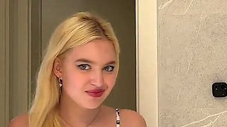 Big Ass Blonde Beauty Takes off Her Panties Braless in the Bathroom Flashes Her Tight Shaved Pussy