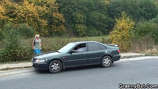 He picks up and doggy-fucks blonde old granny