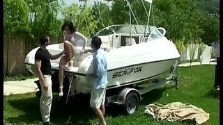 DP outdoor threesome with brunette slut on heels and ending in her mouth