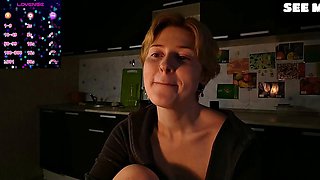 College Lesbian Teases Erotically in Open Hoodie Kitchen Cam
