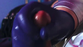 Horny Gloved Babe in Shiny Leather Jerks His Big Cock & Fingers Deep Into His Pisshole Till He Explodes Cum All Over Her Boots