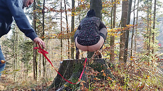 Desperate to Pee, She Has to Pee with Leashed Butt Outdoor