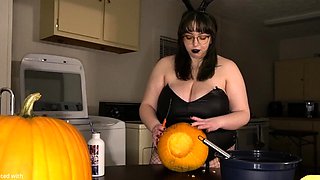 Busty curly brunette with big boobs fucks on couch