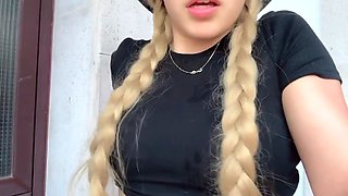 Cute blonde girl rubs her pink little clit and squirts in her stepdad's garden