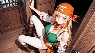 Blonde Pirate Captain! Green Uniform & Rough Ropes on a Sunny Deck. Languid Poses, Long Legs Exposed, and That Teasing Gaze
