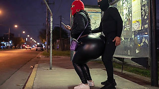 Big Ass Latina in Tight Leather Pants at Bus Stop Strips to Black Leather Thong
