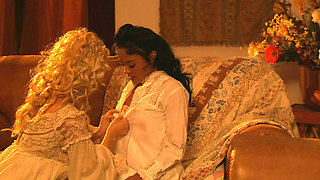 Vintage Lesbian Seduction - Curly Blonde and Brunette Beauty Make Love on the Sofa