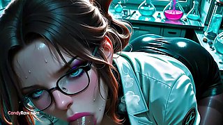 Cyber lab beauty with glasses sucks cock in sci-fi setting