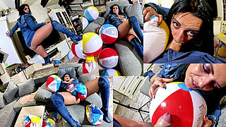Dominant Denim MILF Beach Ball Fetish. Deepthroat, Popping, Doggy and Double Cum