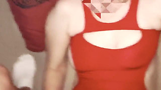 Wife in Red Mini Dress and Chastity Husband, Playing with Big Dildo