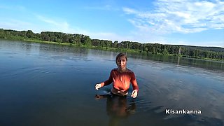 Big Tits Babe Squirts Clothed Swimming in Public Lake