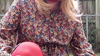 Crossdresser tease outdoors, masturbates and cums on my nylon pantyhose.