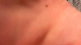 Busty curly brunette with big boobs fucks on couch