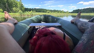 Redheaded hotwife rides the cock of her lover on the lake