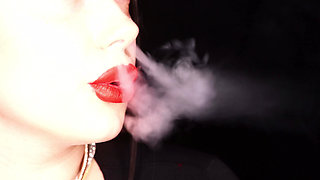 4K Applying red lipstick and smoking hookah on black background
